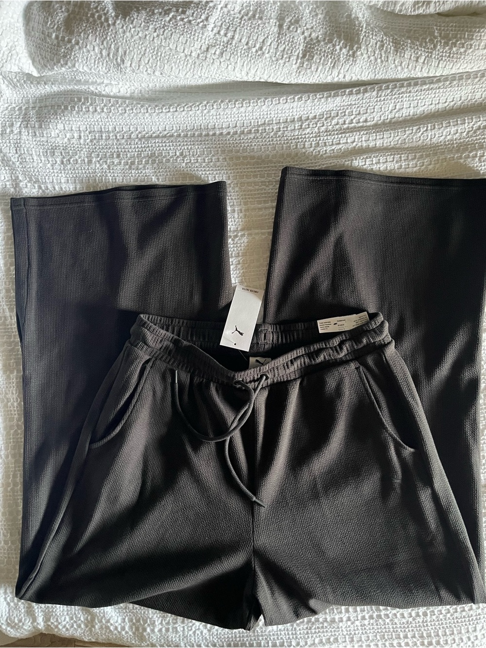Women’s Puma Black Wide-Leg Knit Pants with Drawstring Waist with Slit